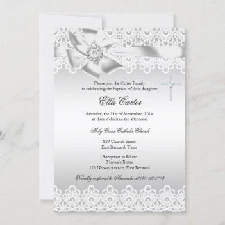 White Bow & Lace Cross Baptism Invitation
