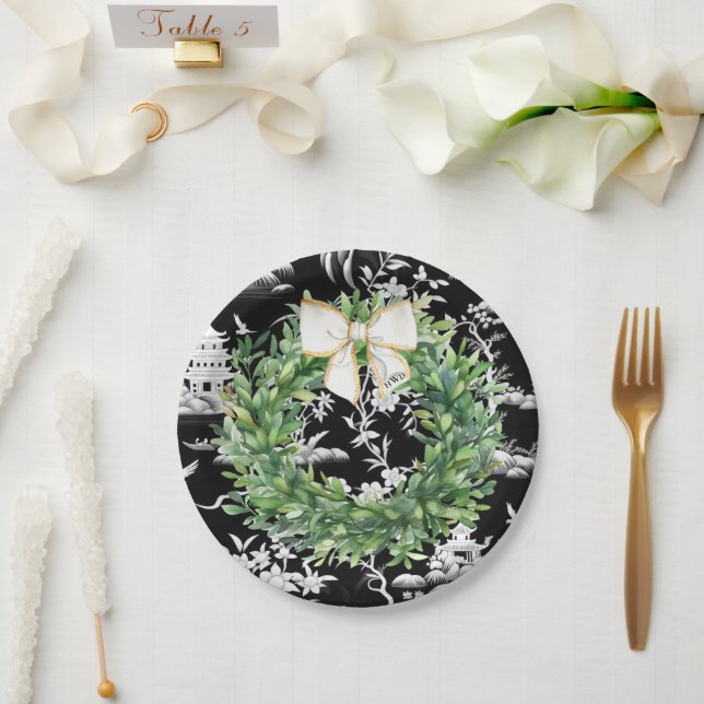 White Bow Monogram Chinoiserie Preppy Paper Plates (Wedding)