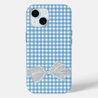 White Bow On Blue Gingham iPhone 15 Case