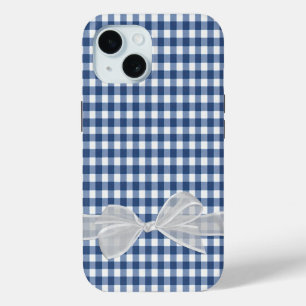 White Bow On Navy Blue Gingham iPhone 15 Case