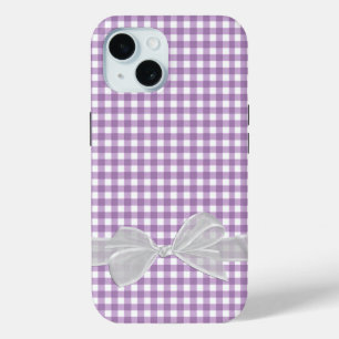 White Bow On Purple Gingham iPhone 15 Case