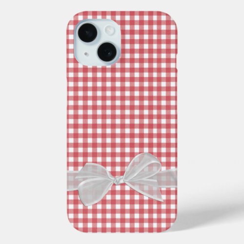 White Bow On Red and White Gingham iPhone 15 Case