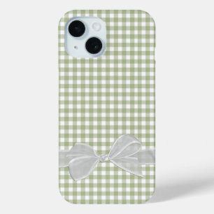 White Bow On Sage Green Gingham iPhone 15 Case
