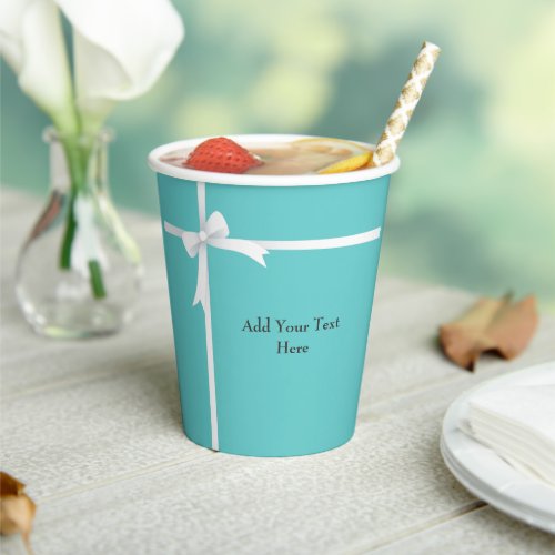 White Bow on Teal Blue Custom Paper Cups