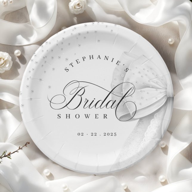 White Bow Pearls Bridal Shower Paper Plates (Creator Uploaded)