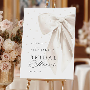 White Bow Pearls Bridal Shower Welcome Sign
