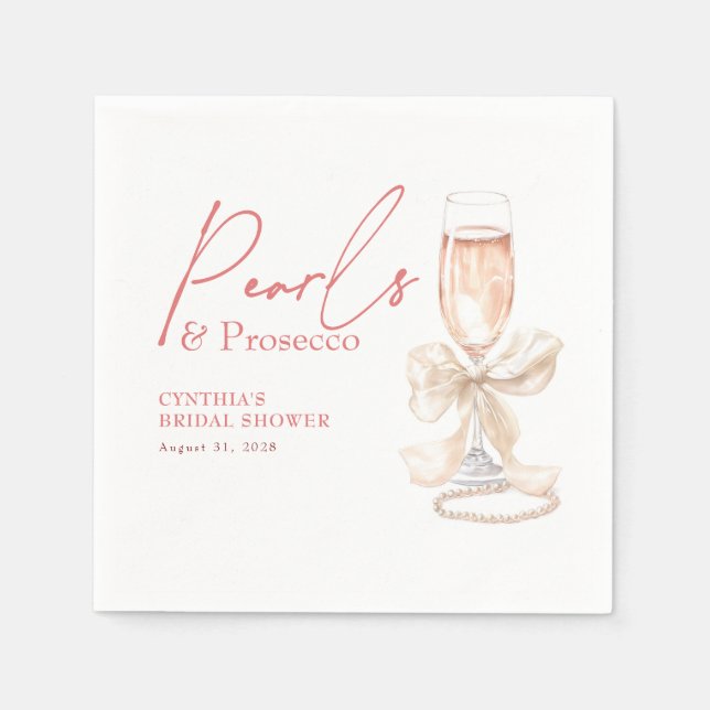 White Bow Pearls & Prosecco Blush Bridal Shower Napkins (Front)