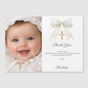 White bow photo pearls girl Baptism Thank You Card