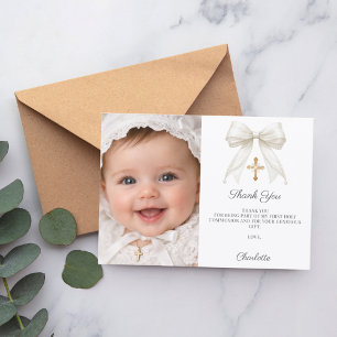 White bow photo pearls girl Baptism Thank You Card
