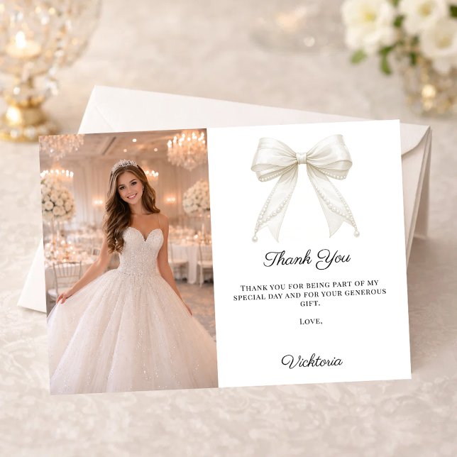 White bow photo pearls girl Quinceanera Thank You Card (Creator Uploaded)