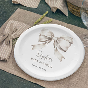 White Bow Ribbon Vintage Baby Shower Paper Plates