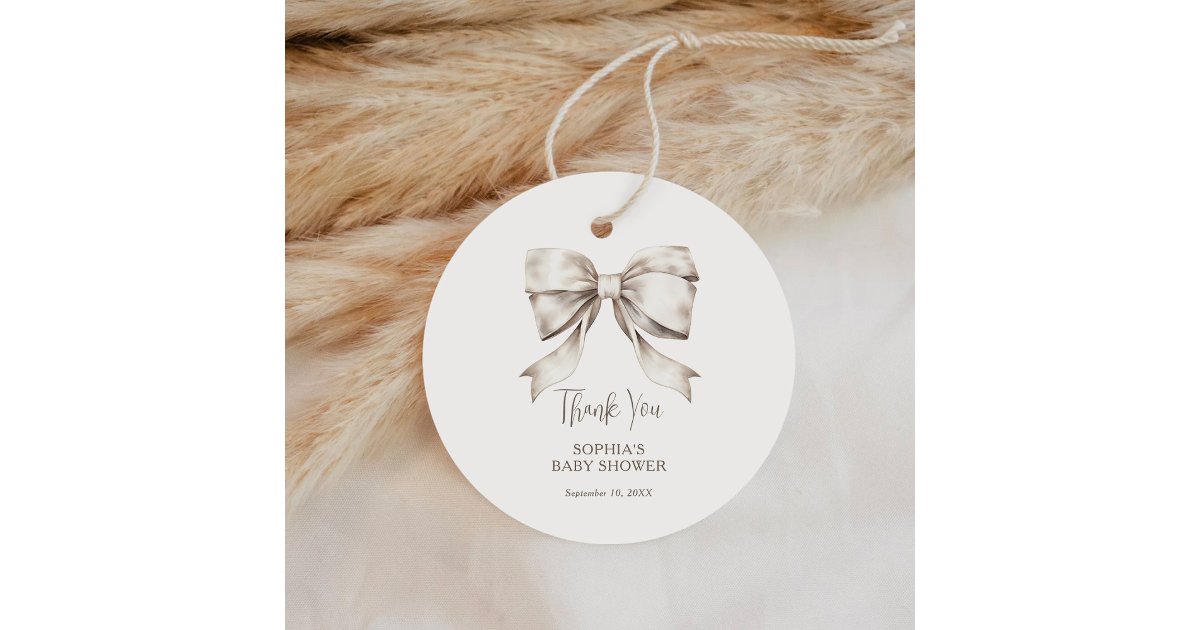 White Bow Ribbon Vintage Baby Shower Thank You Favor Tags | Zazzle