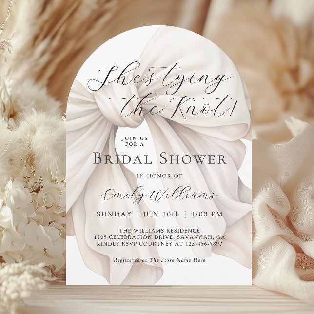 White Bow She's Tying the Knot Bridal Shower Invitation (Available in both printed and instant download digital formats.)