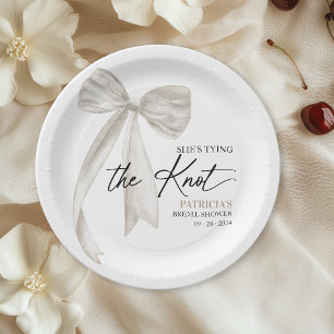 White Bow She's Tying the Knot Bridal Shower Paper Plates