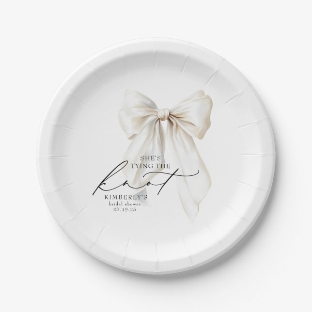 White Bow She's Tying the Knot Bridal Shower Paper Plates (Front)