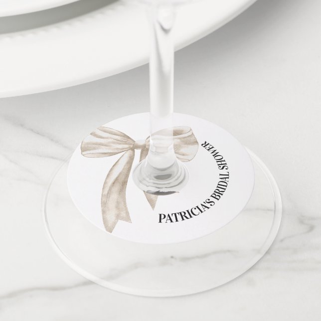 White Bow She's Tying the Knot Bridal Shower Wine Glass Tag (Close Up)