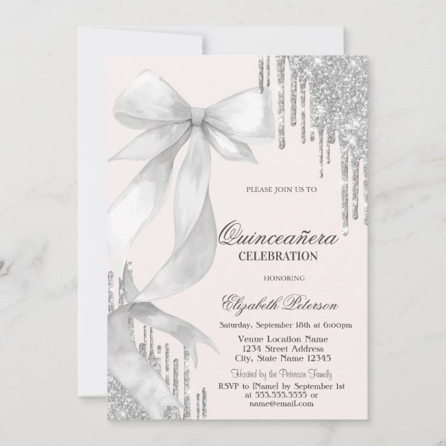 White Bow Silver Glitter Drips Quinceañera Invitation (Front)
