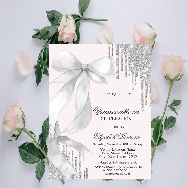 White Bow Silver Glitter Drips Quinceañera Invitation (Creator Uploaded)
