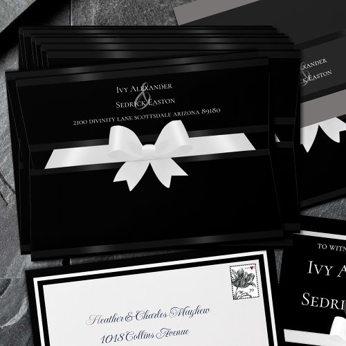 White Bow Tie Black Formal Modern Wedding Envelope