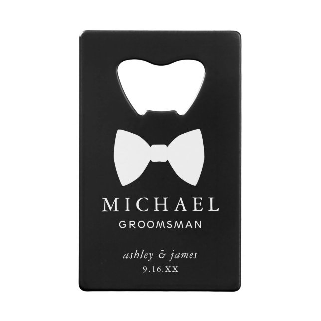 White Bow Tie Groomsman Personalized Wedding Credit Card Bottle Opener (Front)
