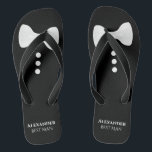 White Bow Tie on Black Cute Fun Best Man Wedding Flip Flops<br><div class="desc">These fun flip flops are a great way to thank the best man at your wedding. They feature a cute mock tuxedo design with a white bow tie and buttons at the top and his name and title below.</div>