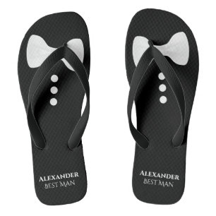 White Bow Tie on Black Cute Fun Best Man Wedding Flip Flops