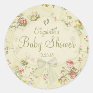 White Bow with Baby Footprints Floral Baby Shower Classic Round Sticker