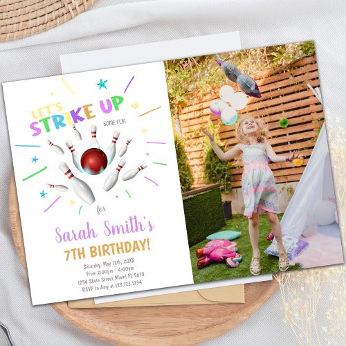 White Bowling Birthday Invitations with photo