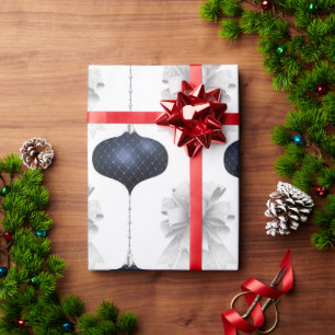 White Bows Blue Ornaments Holiday Wrapping Paper