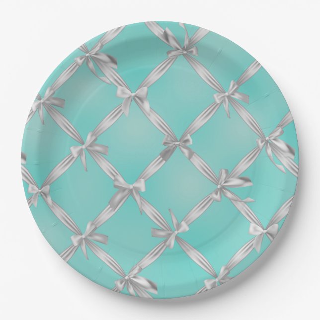 White Bows Turquoise Robin's Egg Blue Bridal Party Paper Plates (Front)