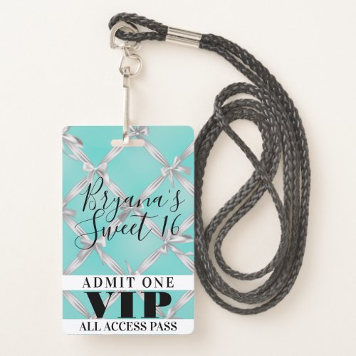 White Bows Turquoise Sweet 16 Party VIP Pass Badge