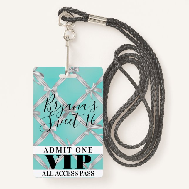 White Bows Turquoise Sweet 16 Party VIP Pass Badge (Front with Lanyard)