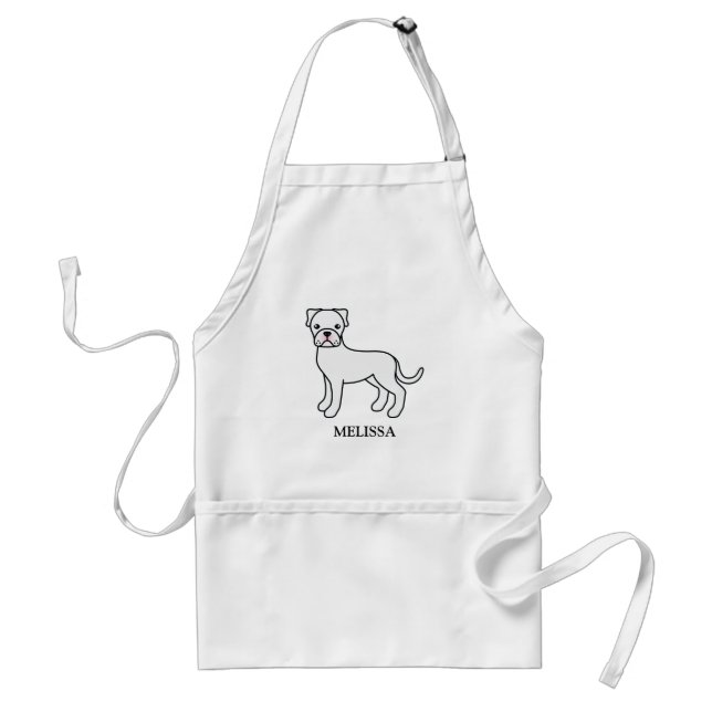White Boxer Cute Cartoon Dog & Custom Name Adult Apron (Front)