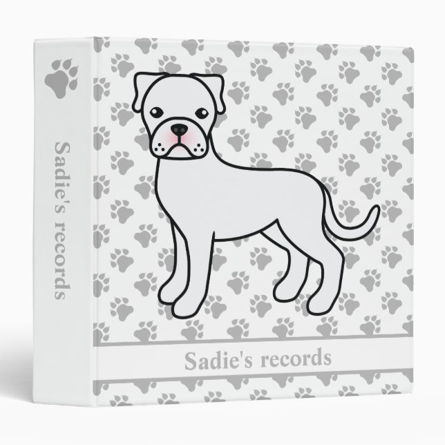White Boxer Cute Cartoon Dog & Custom Text 3 Ring Binder (Front/Spine)