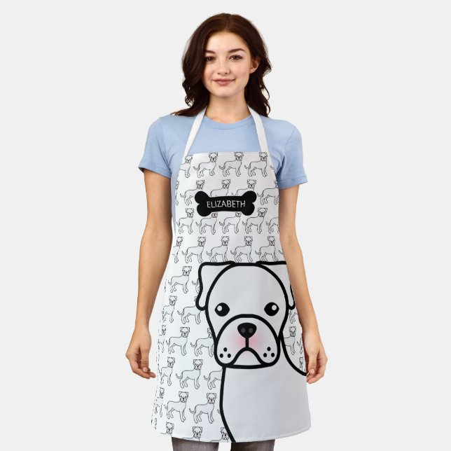 White Boxer Cute Cartoon Dog & Name Apron (Worn)