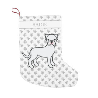 White Boxer Cute Cartoon Dog &amp; Name Small Christmas Stocking