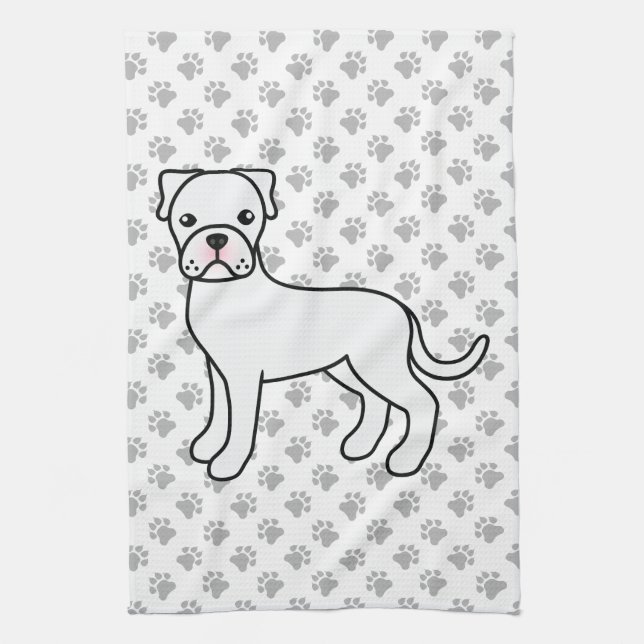 White Boxer Cute Cartoon Dog & Paws Kitchen Towel (Vertical)