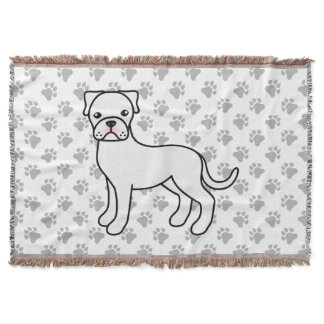 White Boxer Cute Cartoon Dog &amp; Paws Pattern Throw Blanket