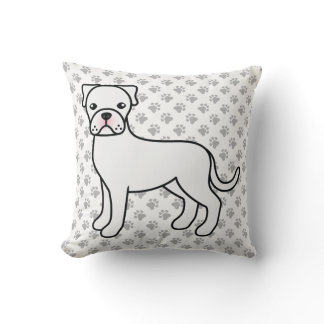 White Boxer Cute Cartoon Dog &amp; Paws Throw Pillow
