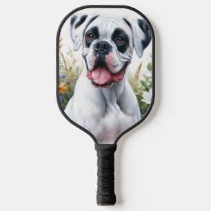 White Boxer Dog Amidst the Flowers Pickleball Paddle