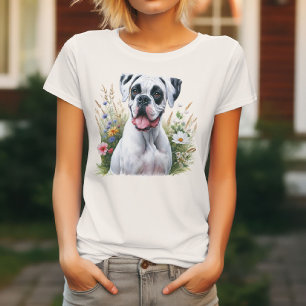 White Boxer Dog Amongst the Flowers T-Shirt