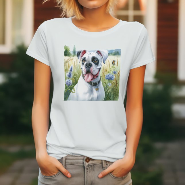 White Boxer Dog & Blooms T-Shirt (Creator Uploaded)