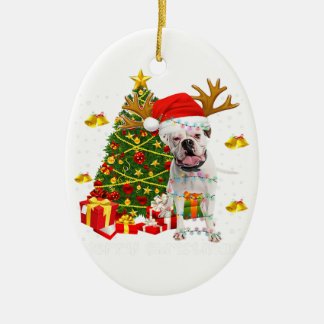 White Boxer Dog Christmas Lights Tree Santa hat Ceramic Ornament