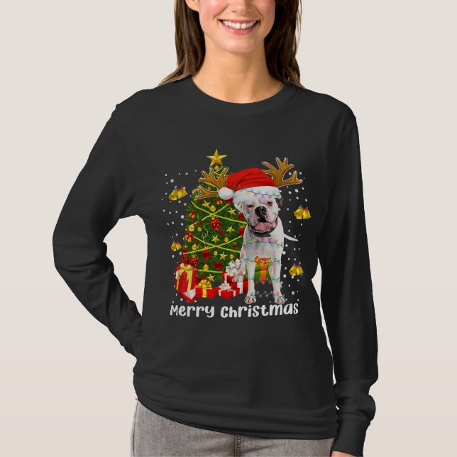 White Boxer Dog Christmas Lights Tree Santa hat T-Shirt (Front)