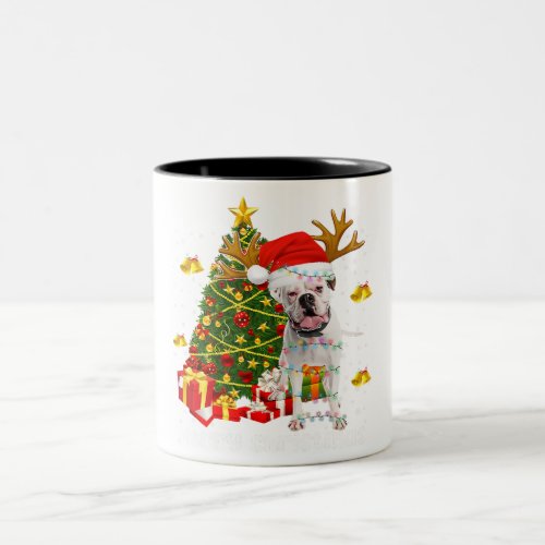 White Boxer Dog Christmas Lights Tree Santa hat Two_Tone Coffee Mug