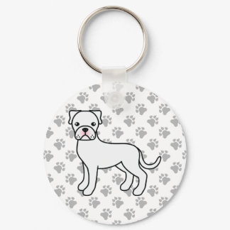 White Boxer Dog Cute Cartoon Illustration &amp; Paws Keychain