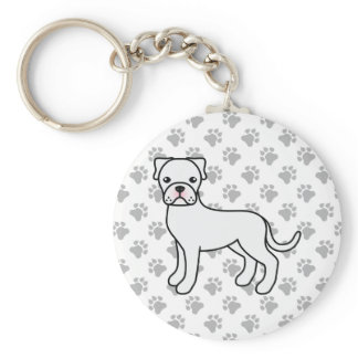 White Boxer Dog Cute Cartoon Illustration &amp; Paws Keychain
