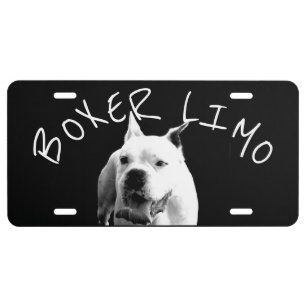 White Boxer dog limo license plate
