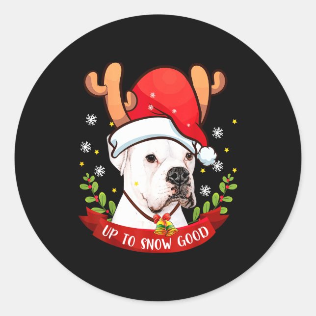 White Boxer Dog Reindeer Christmas Gift Boys Girls Classic Round Sticker (Front)