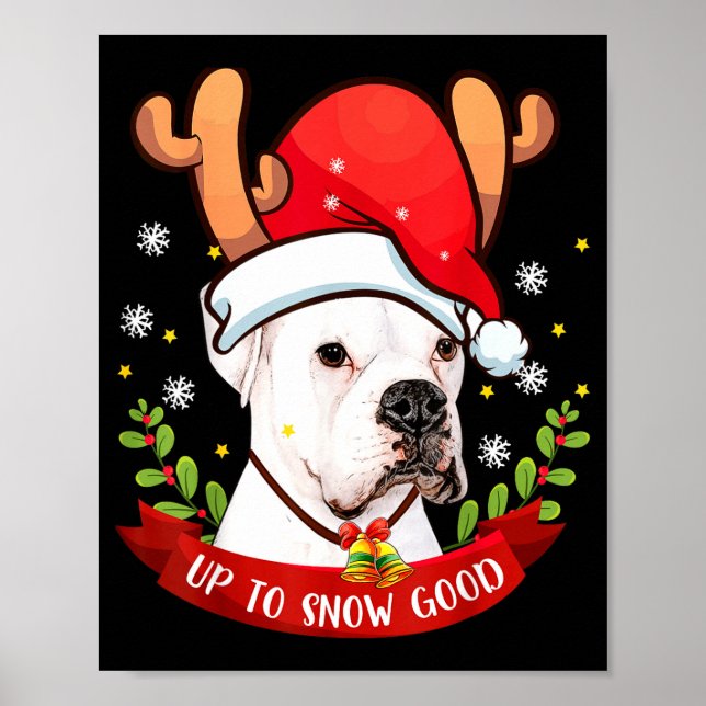 White Boxer Dog Reindeer Christmas Gift Boys Girls Poster (Front)